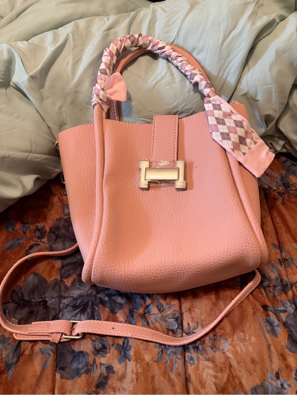 Soft Pink Pebbled Crossbody Tote with Scarf-Wrapped Handle